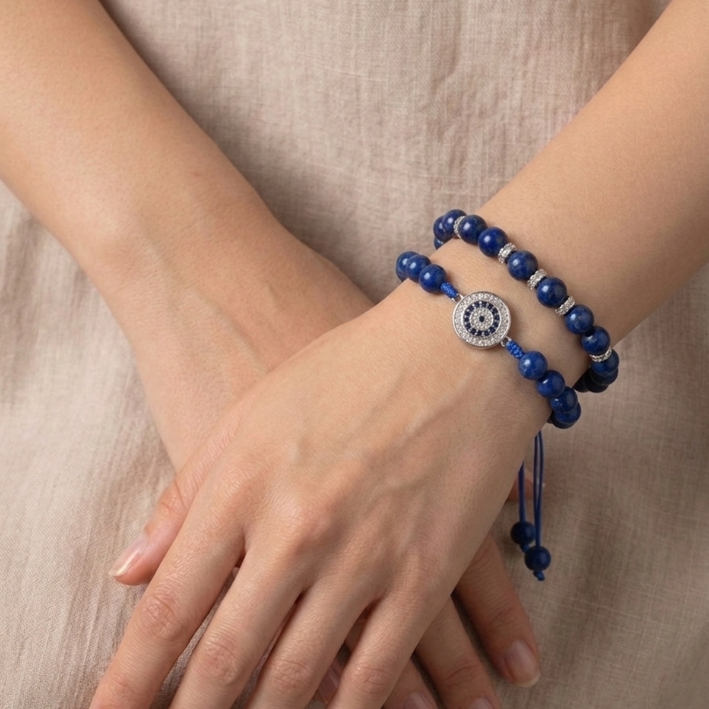Blue Beaded Double-Strand Bracelet with Decorative Disc